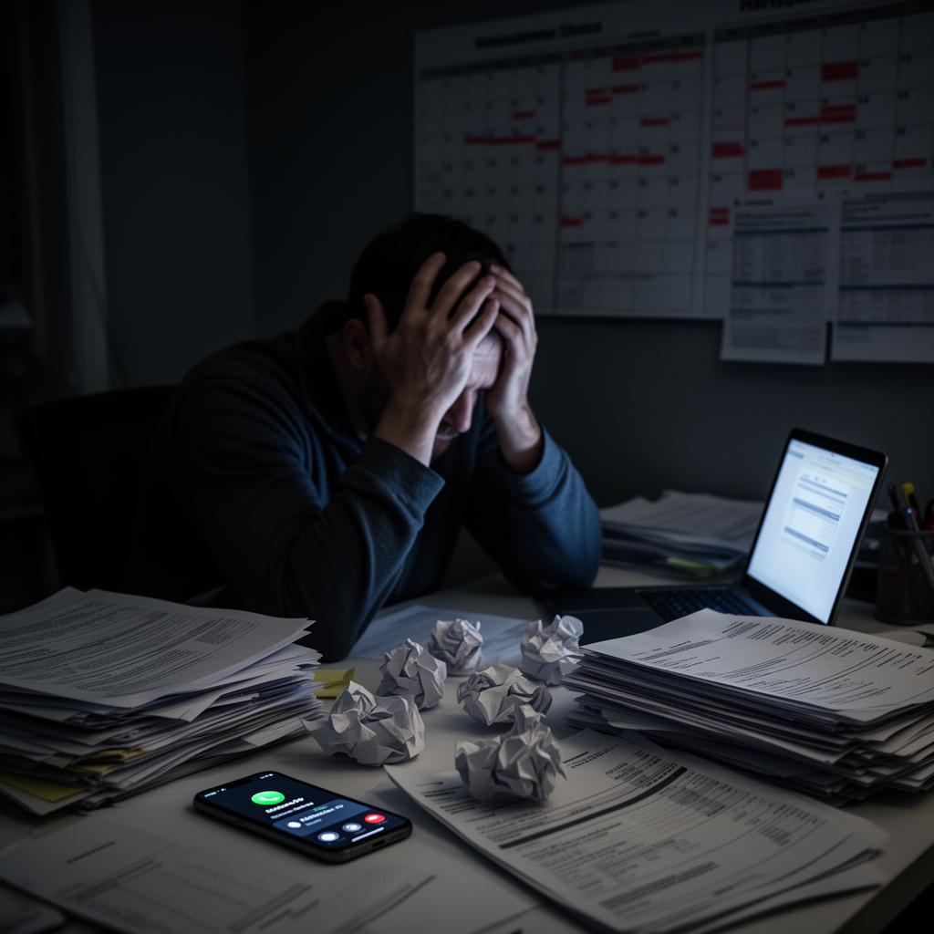 Overwhelmed contractor buried in paperwork, missed calls and late-night admin