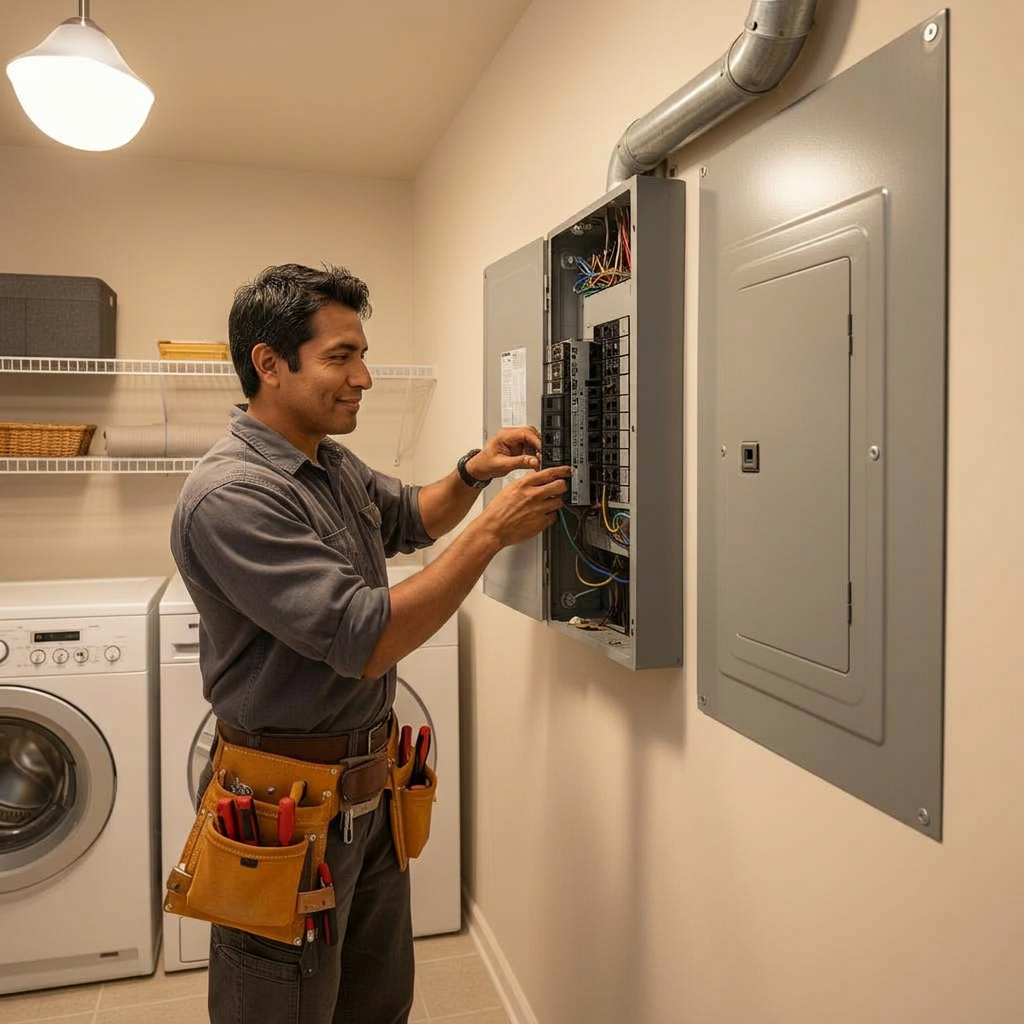 Electrician installing a service panel in a laundry room